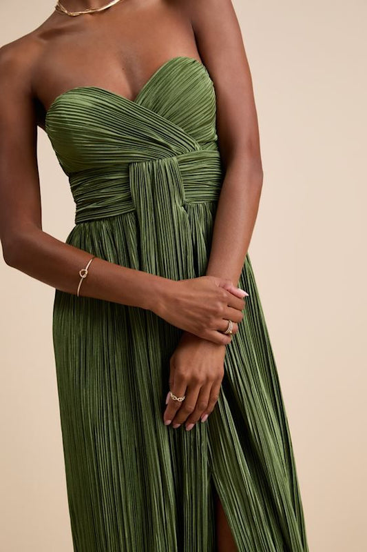Oswin Olive Satin Plissé Maxi Dress