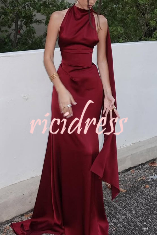 Wine Red Celeste Satin Maxi Dress