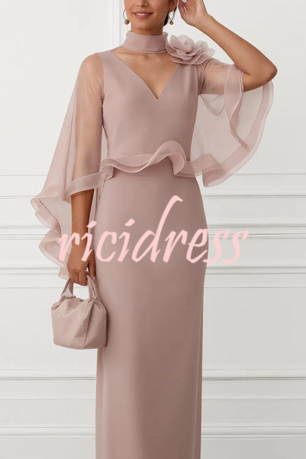 Pink Tallisa 3D Floral Mesh Mock Neck Half Cape Sleeve Gown Maxi Dress