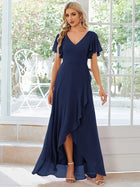 ever OREE|Charming Chiffon Bridesmaid Dress with Lotus Leaf Hemline - Navy Blue / 6