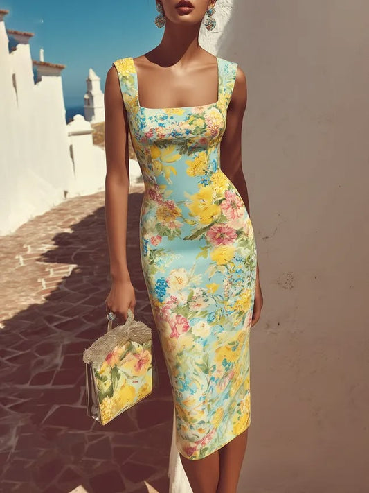 Light Green Floral Classic Square Neck Sleeveless Sheath Midi Dress Lightgreen-US8