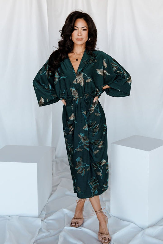 Shaneen Ruched Midi Dress in Jade Floral