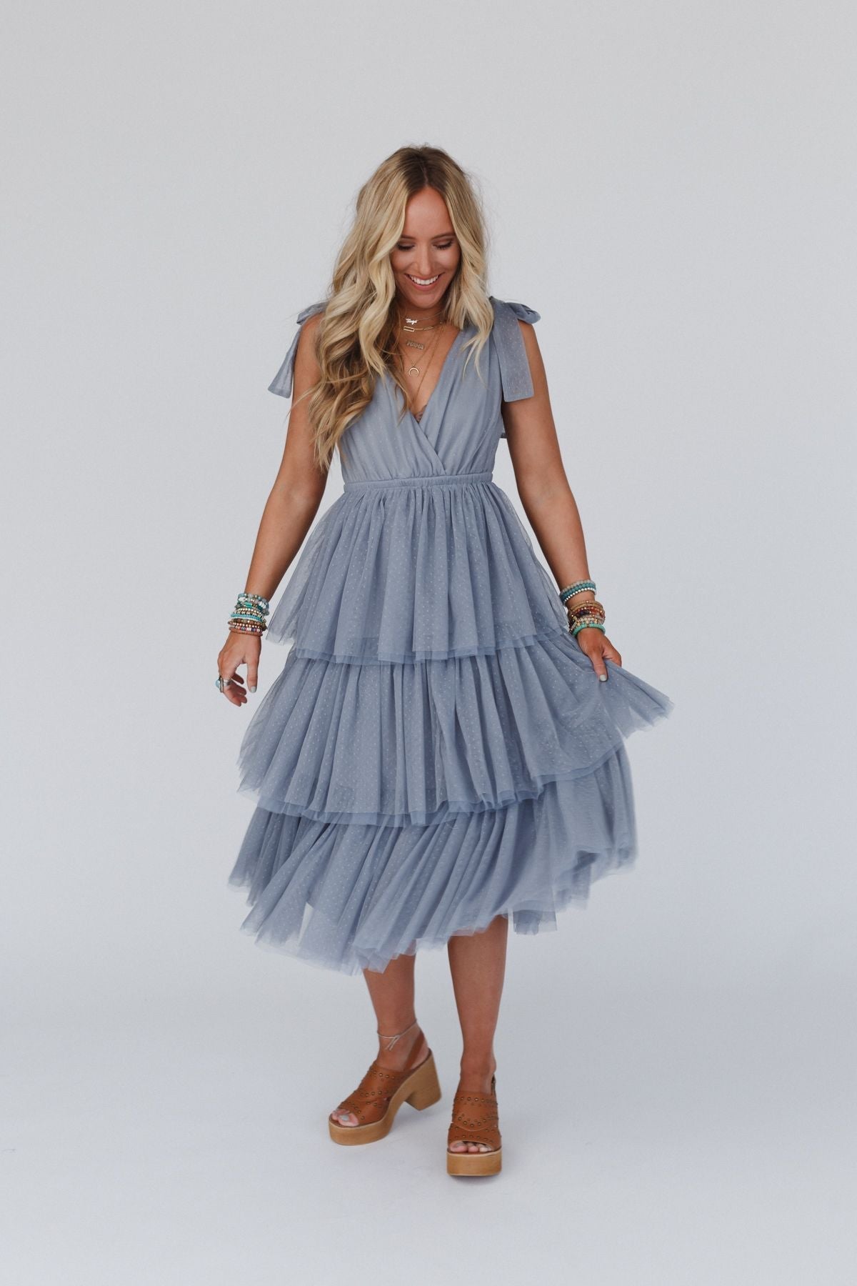 Blue Arabella Tiered Tulle Dress in Mauve