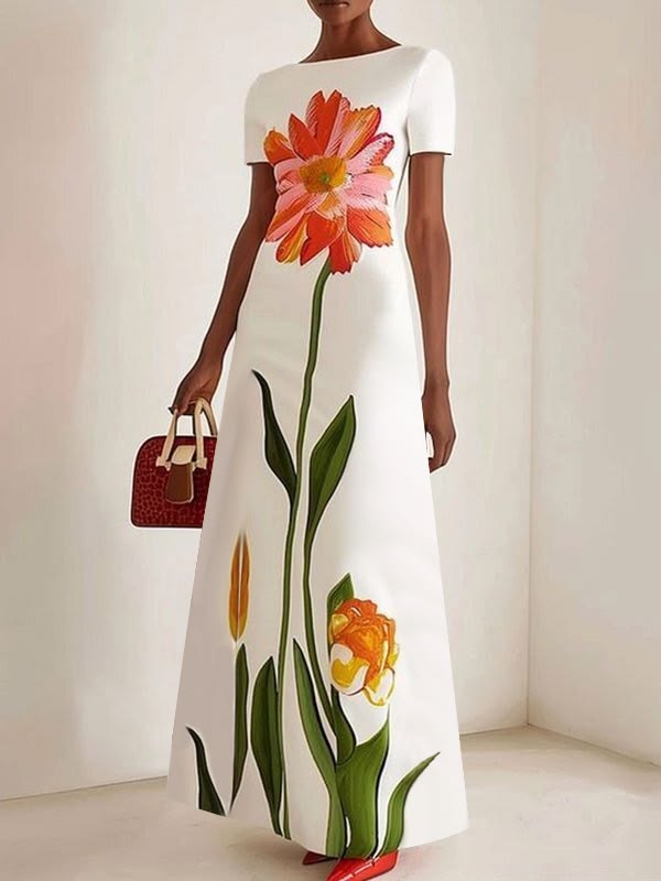 Short Sleeves Flower Print Boat Neck Maxi Dresses WHITE-L