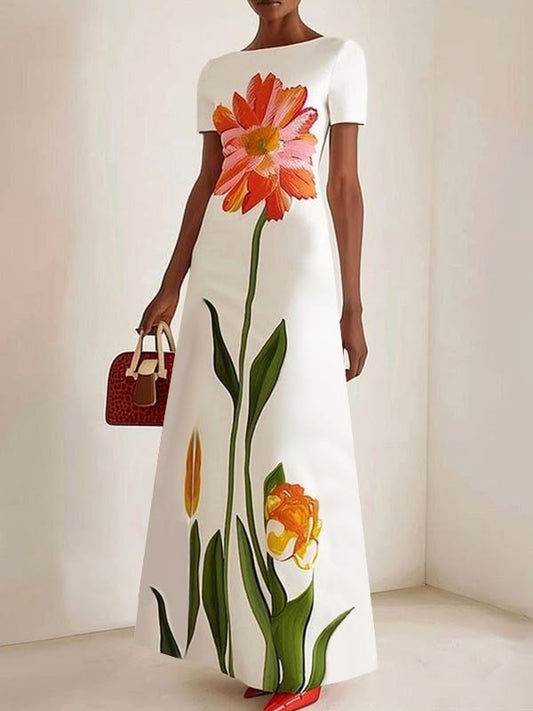Short Sleeves Flower Print Boat Neck Maxi Dresses WHITE-L
