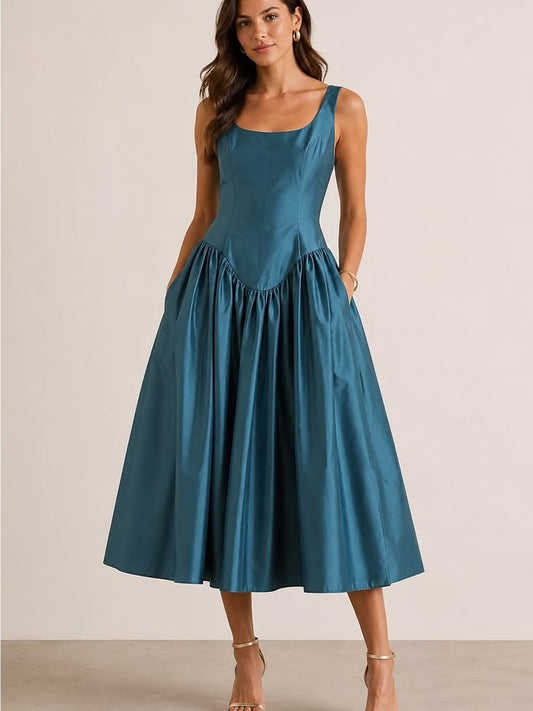 Adelaide Taffeta Midi Dress in Teal