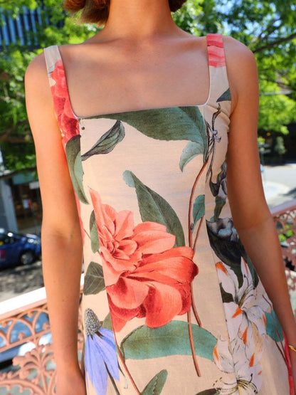 Turquoise Hazel Printed Square Neck Maxi Dress