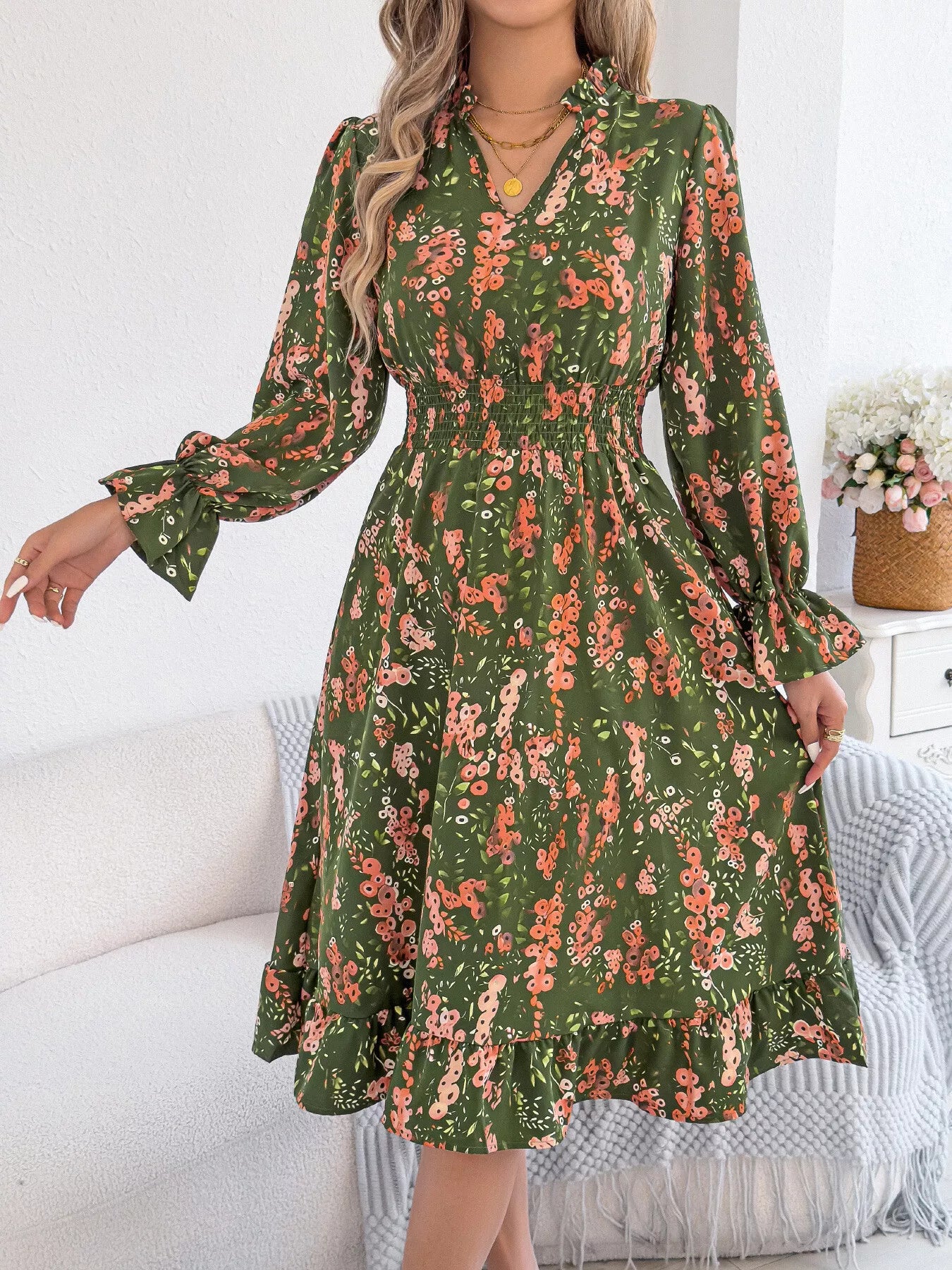 Green Vivienne Floral Ruffle A-Line Dress