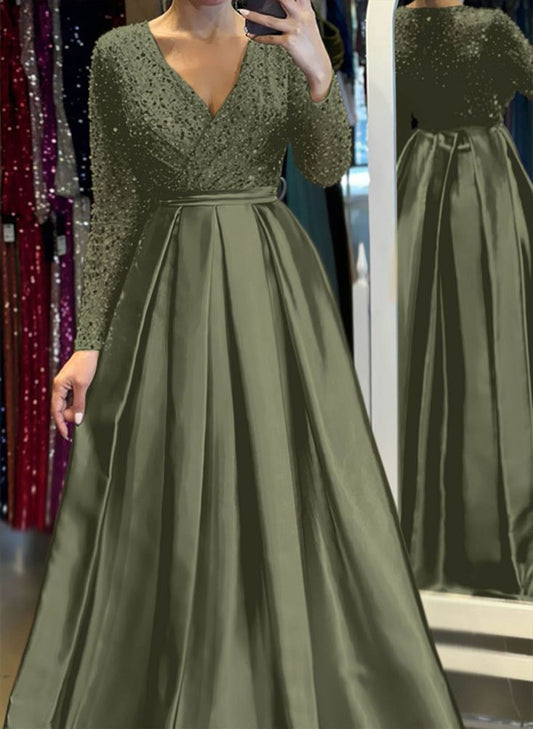 Missacc Olive Green Evening Dresses A-Line V-Neck Long Sleeves Satin/Sequined Evening Dresses With Pleated