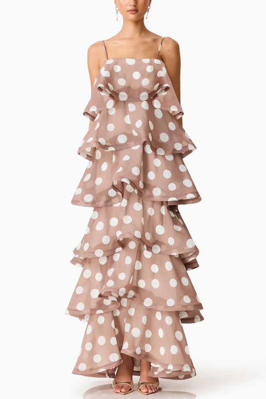 Polka Dot Print Layered Square Neck Suspender Casual A-line Maxi Dress