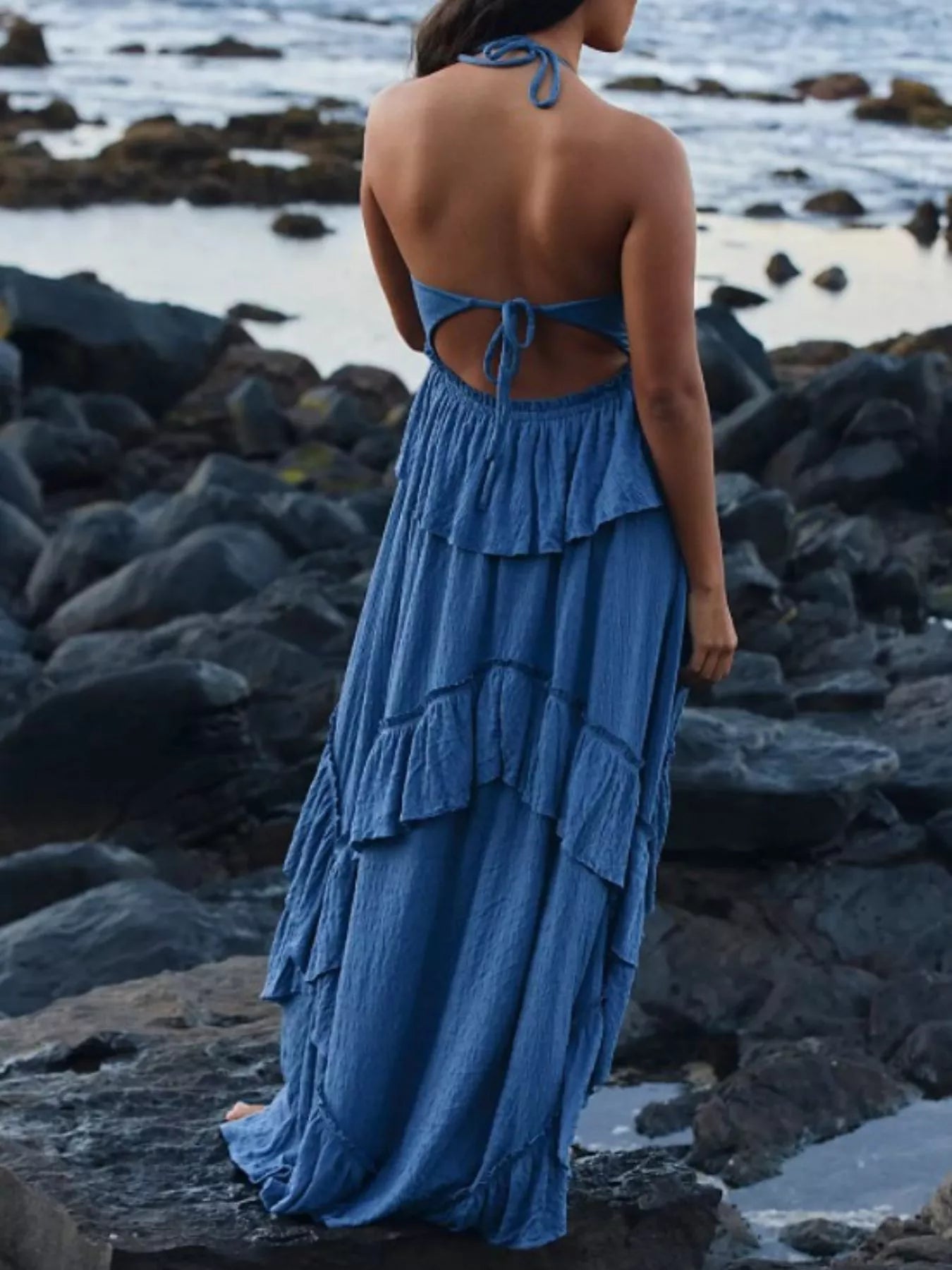 Beige Eleanor Ruffled Halter Maxi Dress