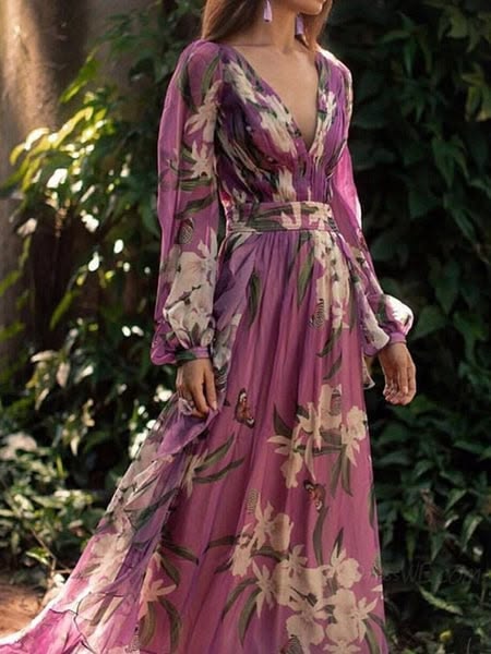 V-Neck Long Sleeve Printed Swing Dress