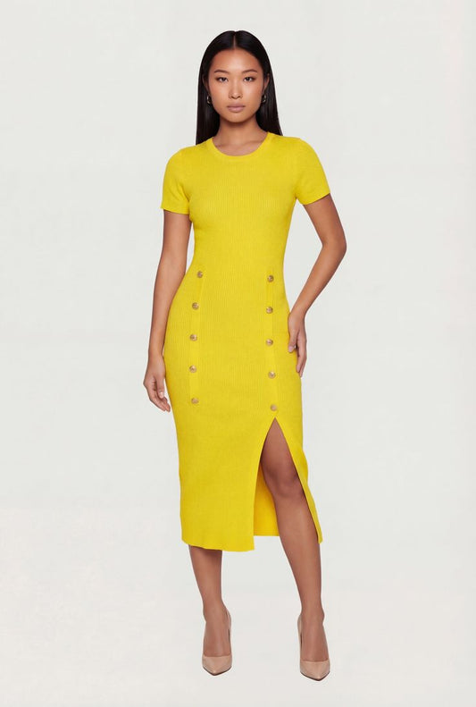 Womens Ribbed Knit Short Sleeve Midi Dress with Faux Buttons, Yellow, Size M