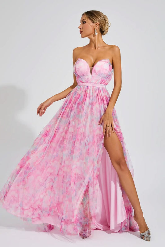 Noveify Sheila Pink Floral Slit Off Shoulder Dress, Pink / XS