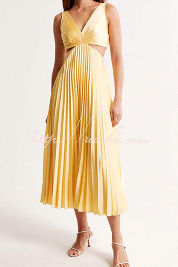 Rose red Summer Social Stain Pleated Cutout Waist Loose Midi Dress