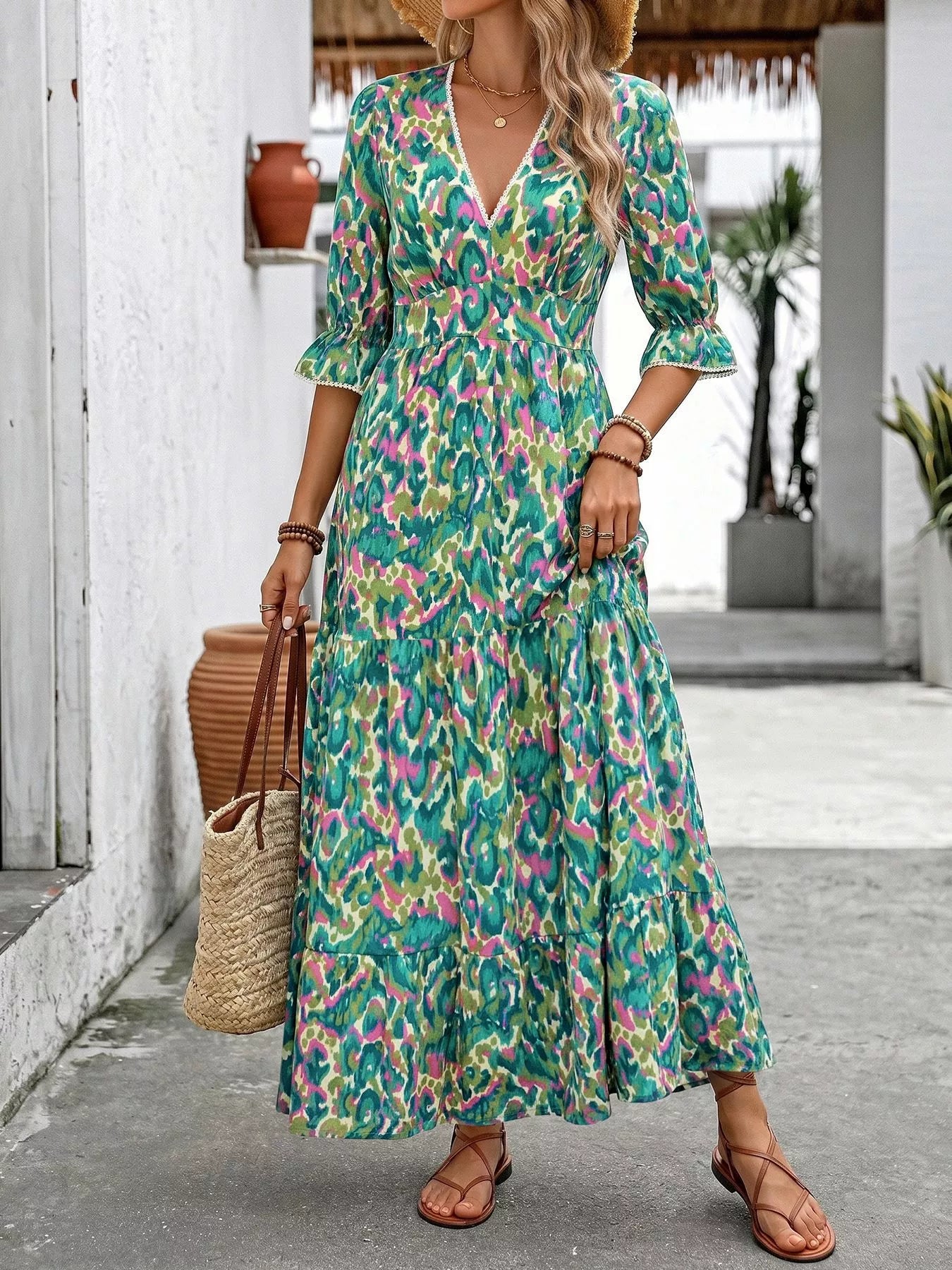 Neck Flounce Sleeve Dress Margot Printed V-Neck Tiered Dress
