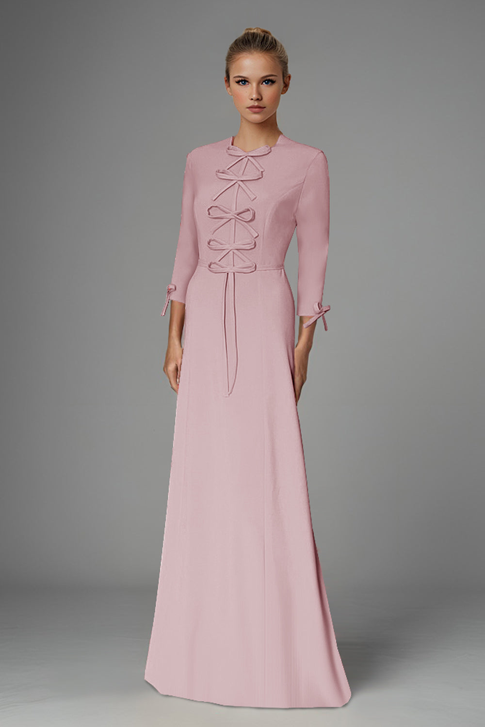 Light Pink Athena Modest Gown with Bow Detail