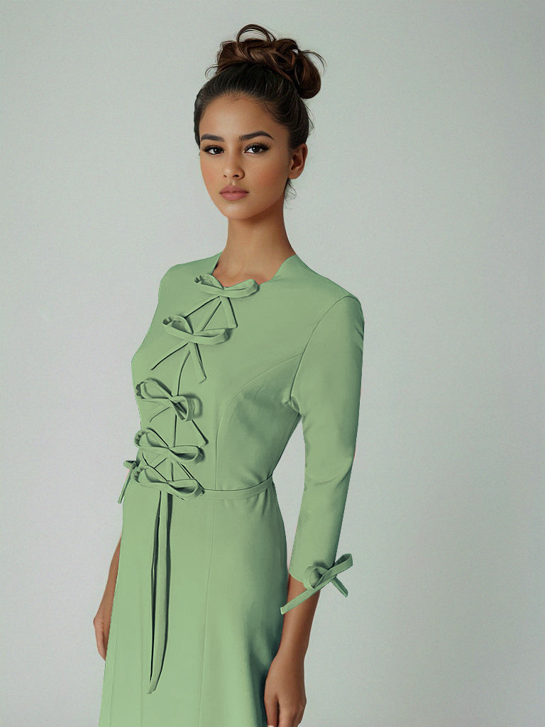 Sand Athena Modest Gown with Bow Detail