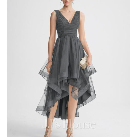 Margot Gray Tulle Asymmetrical Dress