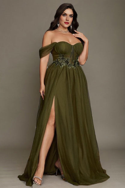 Green Curveins Plus Size Off-Shoulder Strapless Sleeveless Cinched-Waist Maxi Dress - 18-20/2X / Green