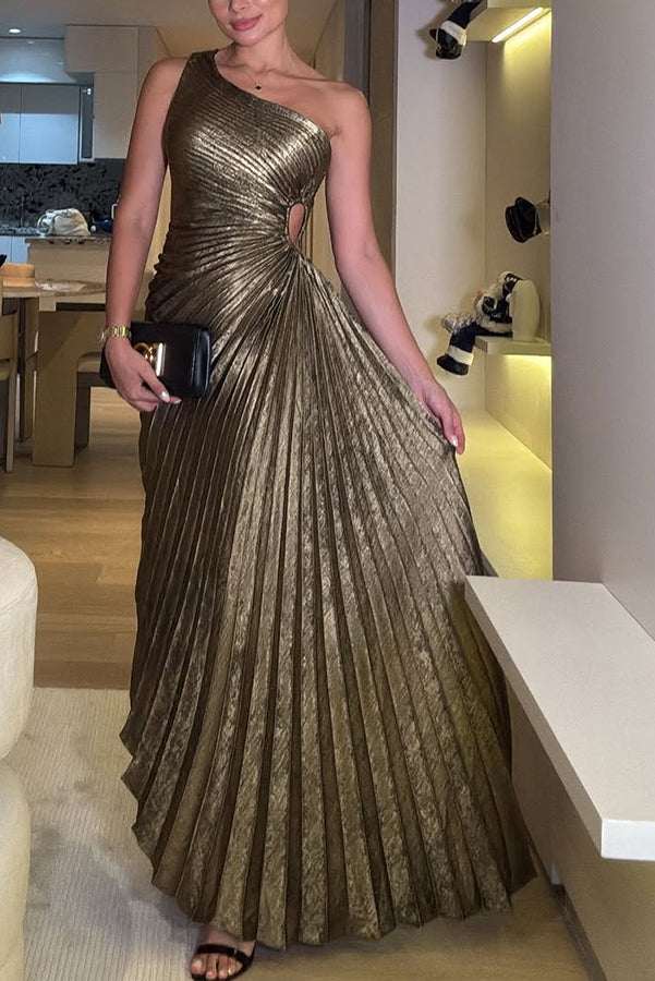 Gold Valentina Metallic One-Shoulder Maxi Dress