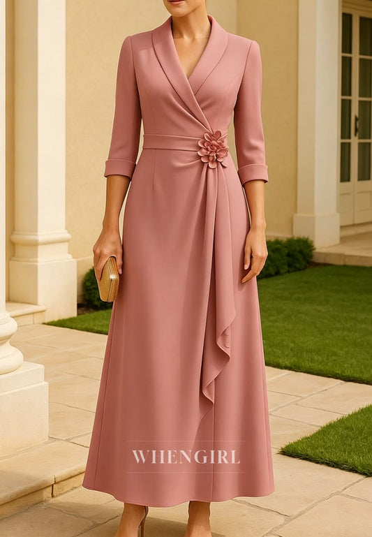 V Neck 3/4 Sleeves Ankle Length Column Mother of the Bride Dress