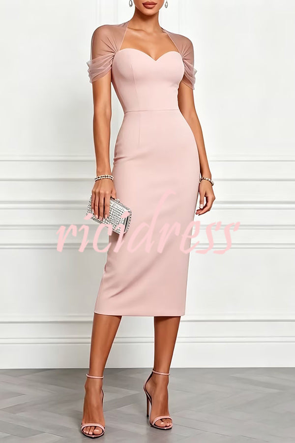 Black Emilie Mesh Sleeve Patchwork Sweetheart Neck Stretch Midi Dress
