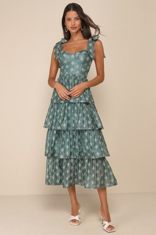 Isadora Burnout Tiered Midi Dress in Teal