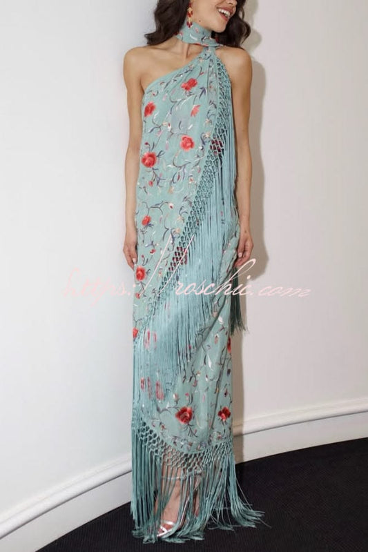 Floral Print Halter Neck Sleeveless Elegant Tassel Maxi Dress