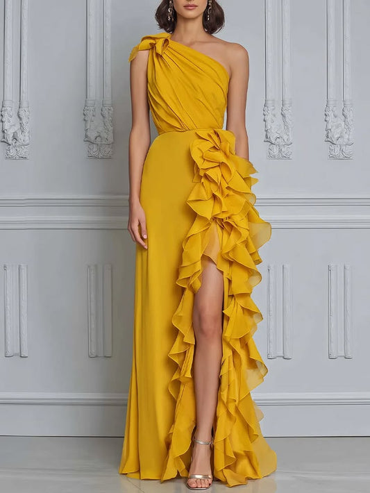 Golden One-Shoulder Ruffle Slit Maxi Gown Golden-M(8-10)