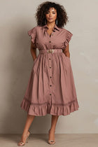 Xpluswear Design Plus Size Business Casual Pink Shirt Collar Flutter Sleeve Ruffle Pocket Midi Dresses [Pre-Order] Pink-
