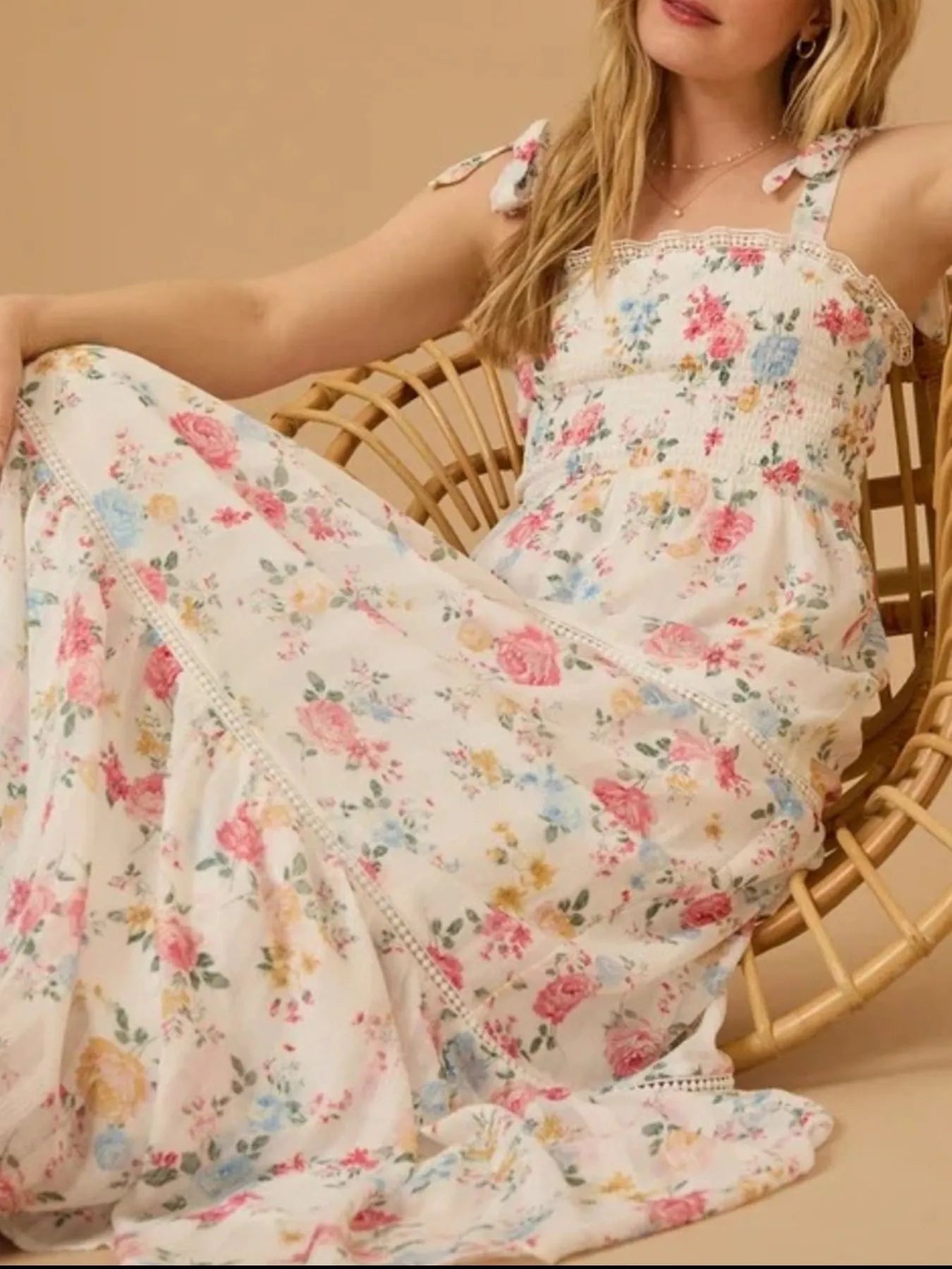 Cream Margot Floral Smocked Maxi Dress
