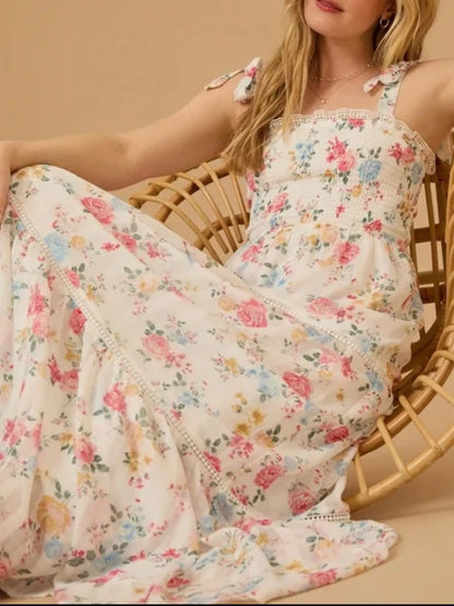 Cream Margot Floral Smocked Maxi Dress