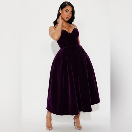 Julia Velvet Midi Dress in Plum