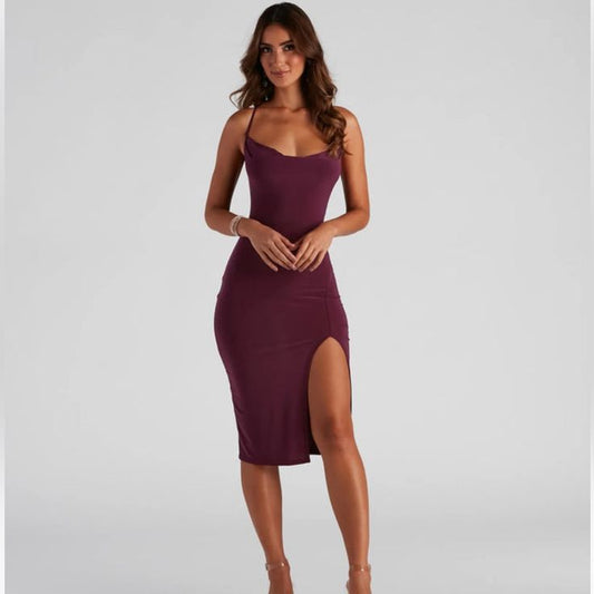 Windsor Dresses | Cowl Neck Slit Midi Dress | Color: Purple | Size: M