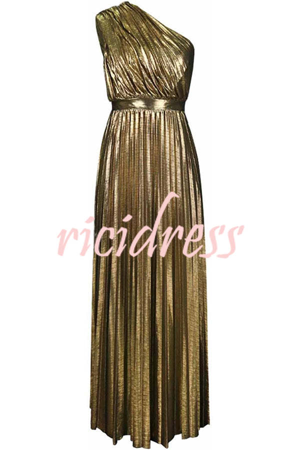Gold Be My Guest Metallic Fabric Pleated One Shoulder Maxi Dress