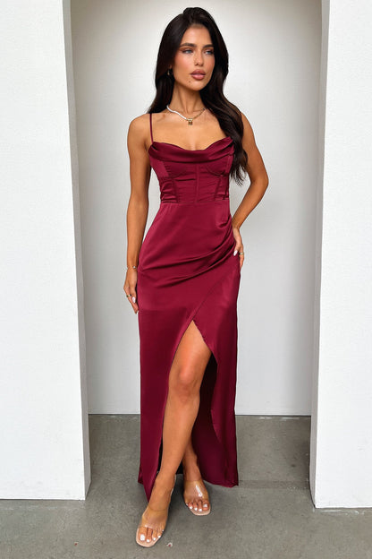 Burgundy Aiana Satin Maxi Dress