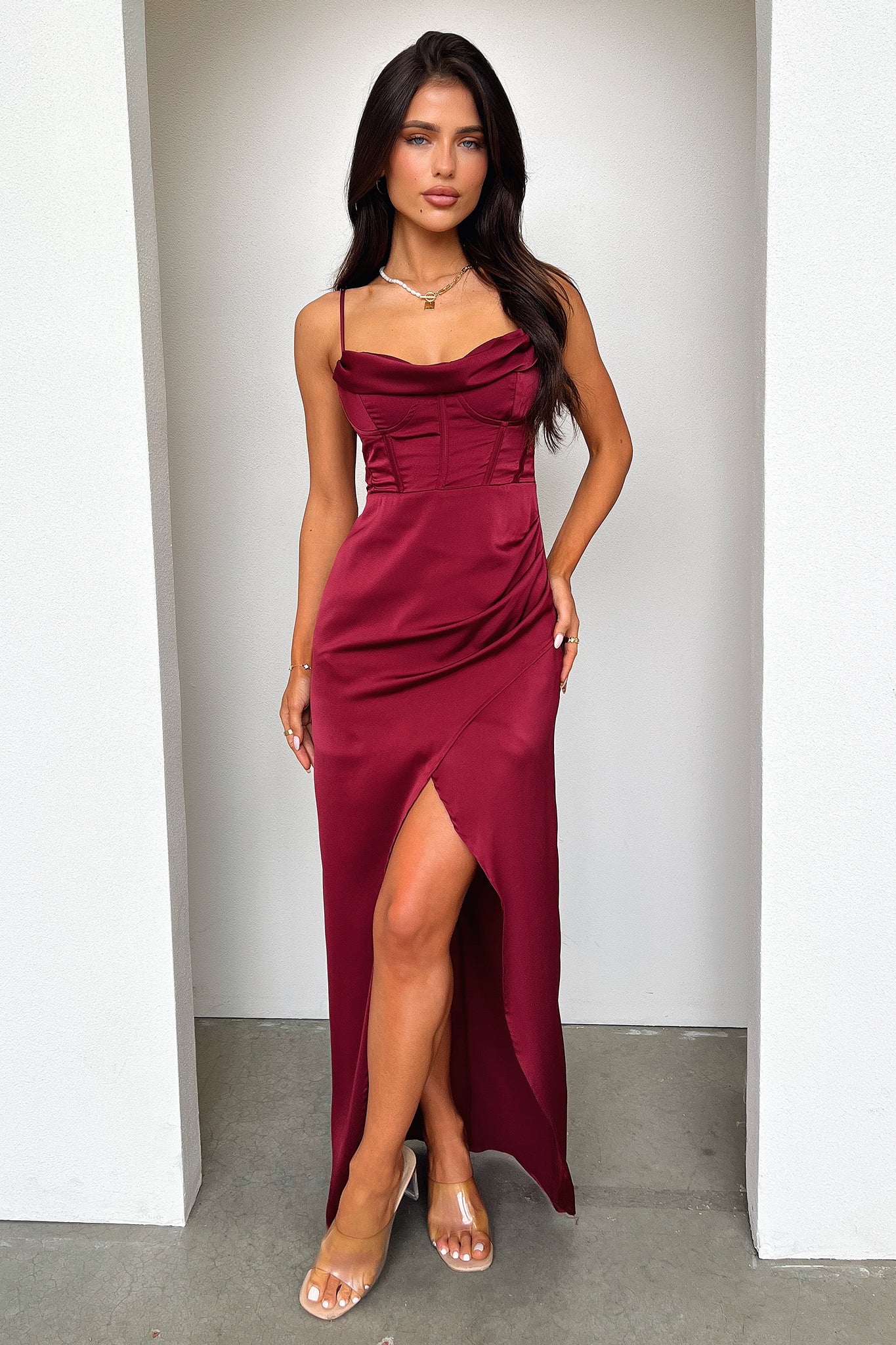 Burgundy Aiana Satin Maxi Dress