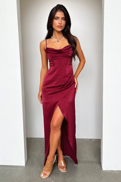 Burgundy Aiana Satin Maxi Dress