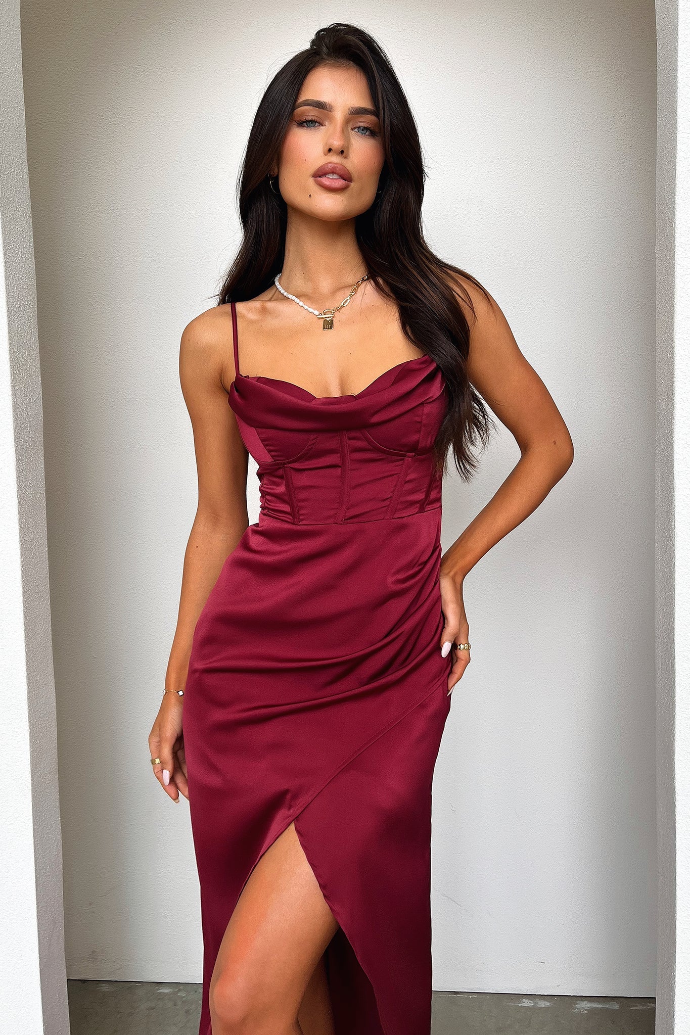 Burgundy Aiana Satin Maxi Dress