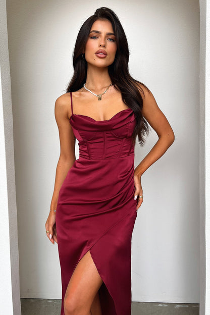 Burgundy Aiana Satin Maxi Dress