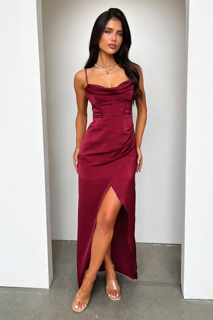 Burgundy Aiana Satin Maxi Dress