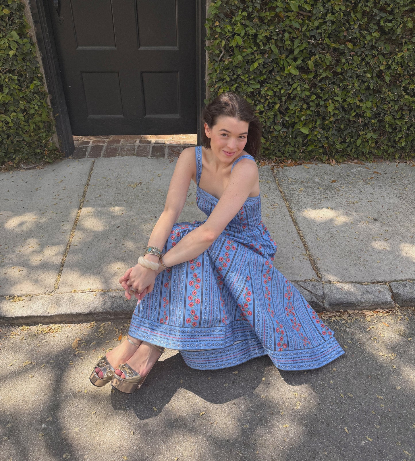 Blue Floral Batik Stripe Ezra Silk Charmeuse Midi Dress