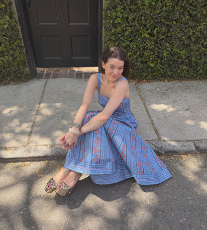 Blue Floral Batik Stripe Ezra Silk Charmeuse Midi Dress