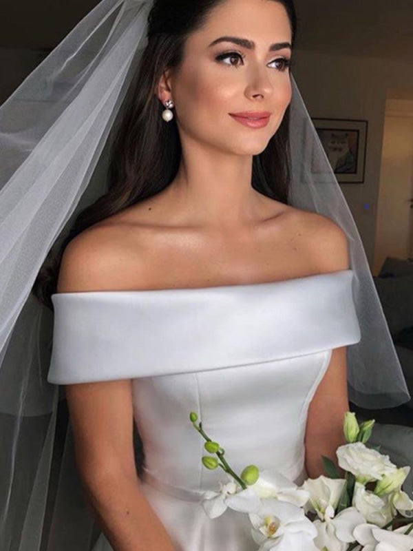 White Evangeline Off-Shoulder Satin Wedding Dress
