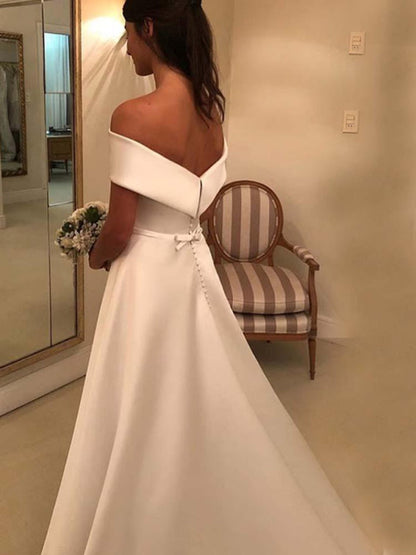 White Evangeline Off-Shoulder Satin Wedding Dress