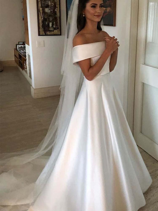 White Evangeline Off-Shoulder Satin Wedding Dress