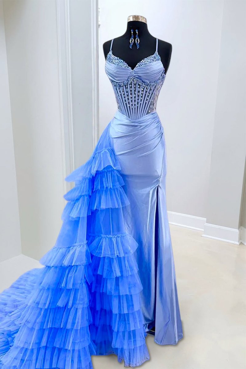 Spaghetti Straps Mermaid Satin Beaded Prom Dresses With Ruffled Train Margot Strapless Chiffon Prom Dress