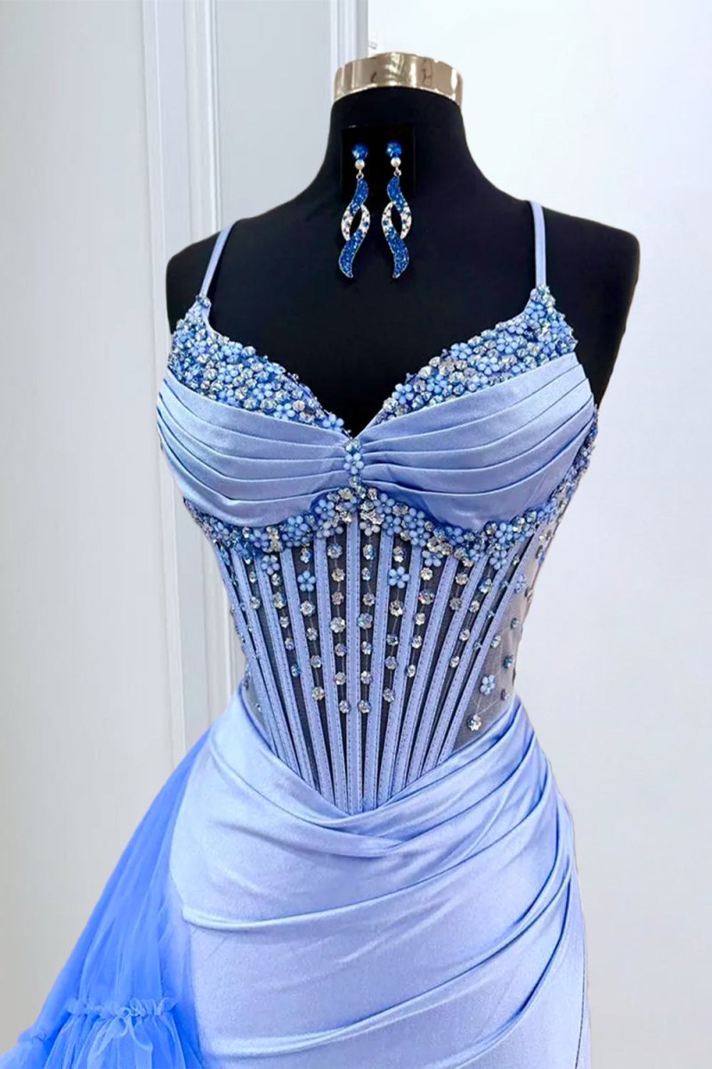 Spaghetti Straps Mermaid Satin Beaded Prom Dresses With Ruffled Train Margot Strapless Chiffon Prom Dress
