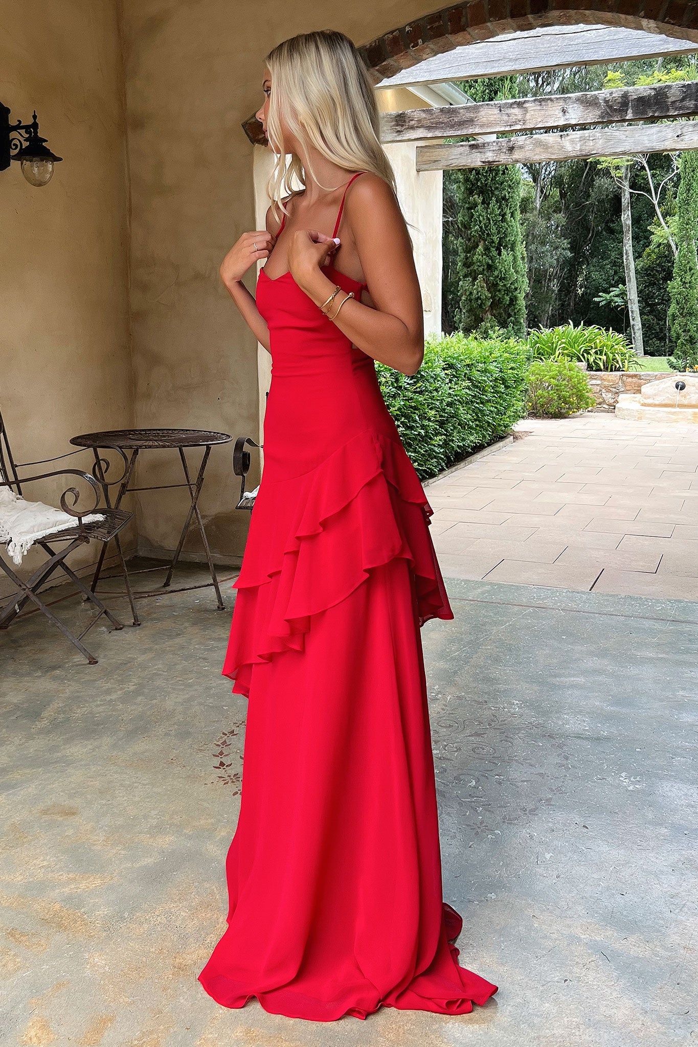 Red Anais Tiered Ruffle Maxi Dress